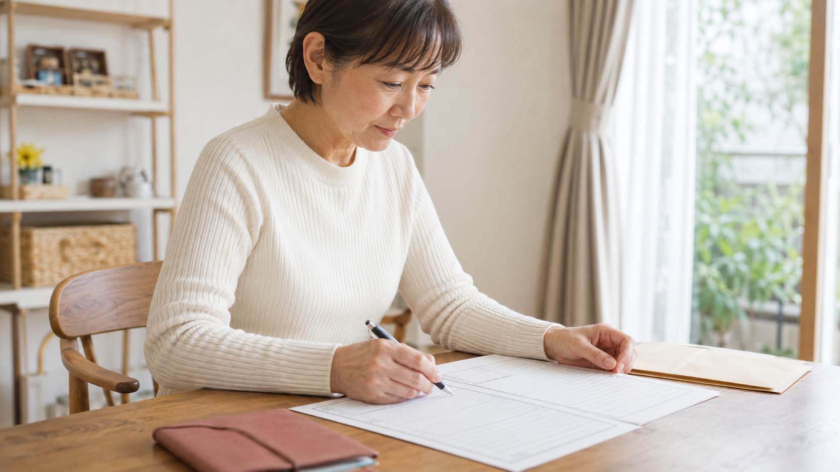 自宅で履歴書を書く50代の日本人女性