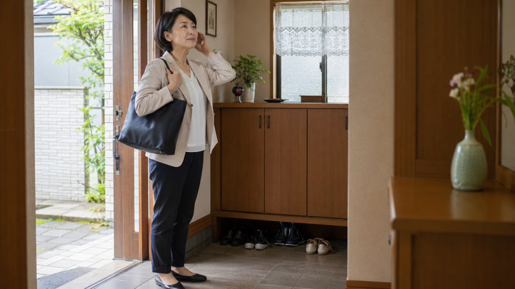 再就職へ向けて自宅を出る50代の日本人女性