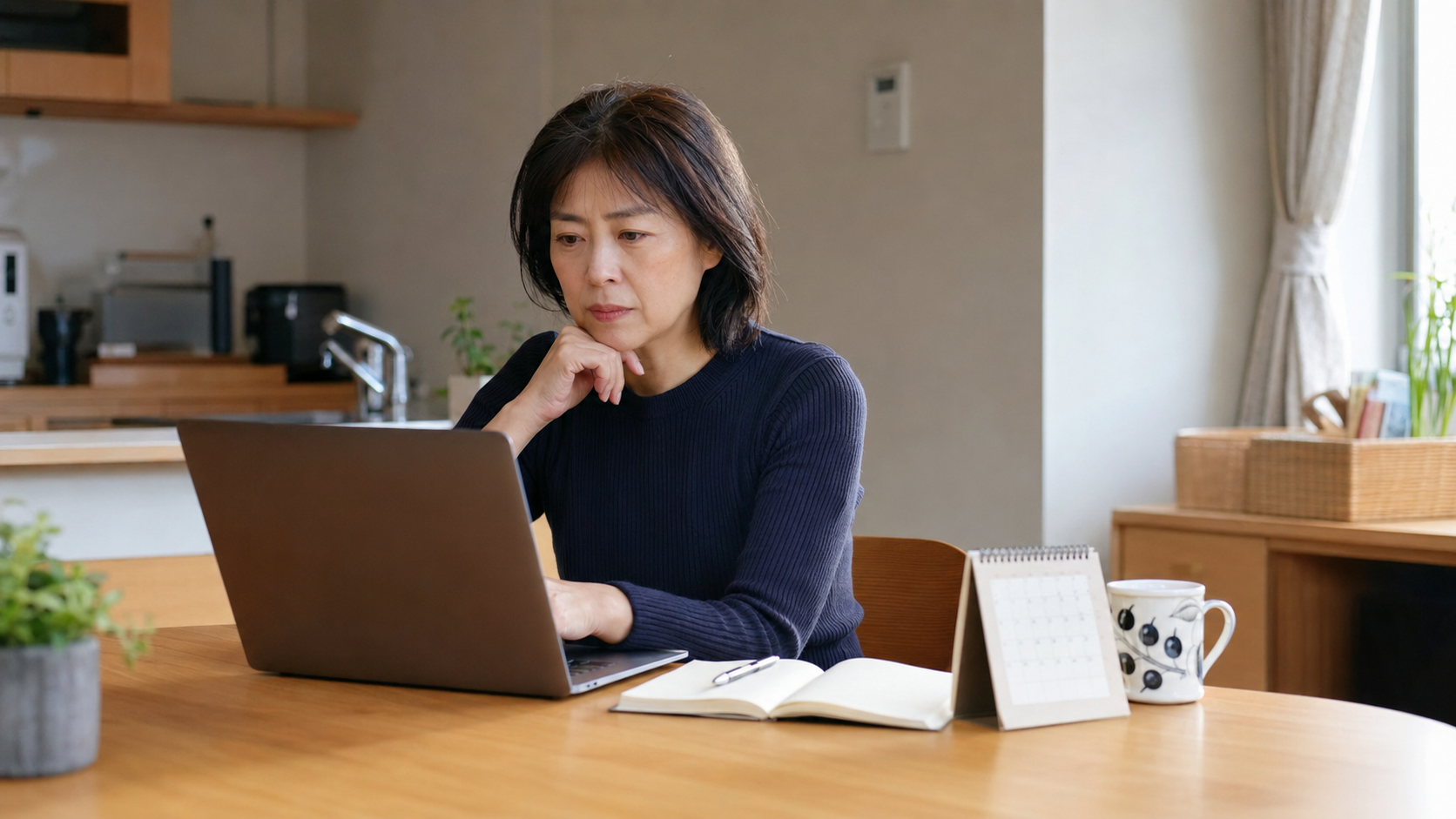 自宅で仕事を探す50代の日本人女性