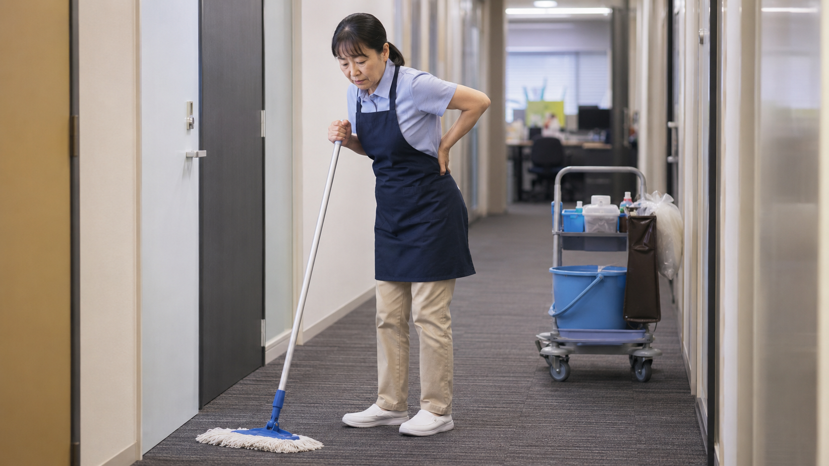 清掃作業中に腰の負担を感じる50代の日本人女性