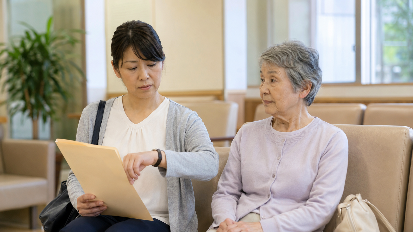 高齢の母親の通院に付き添う50代の日本人女性