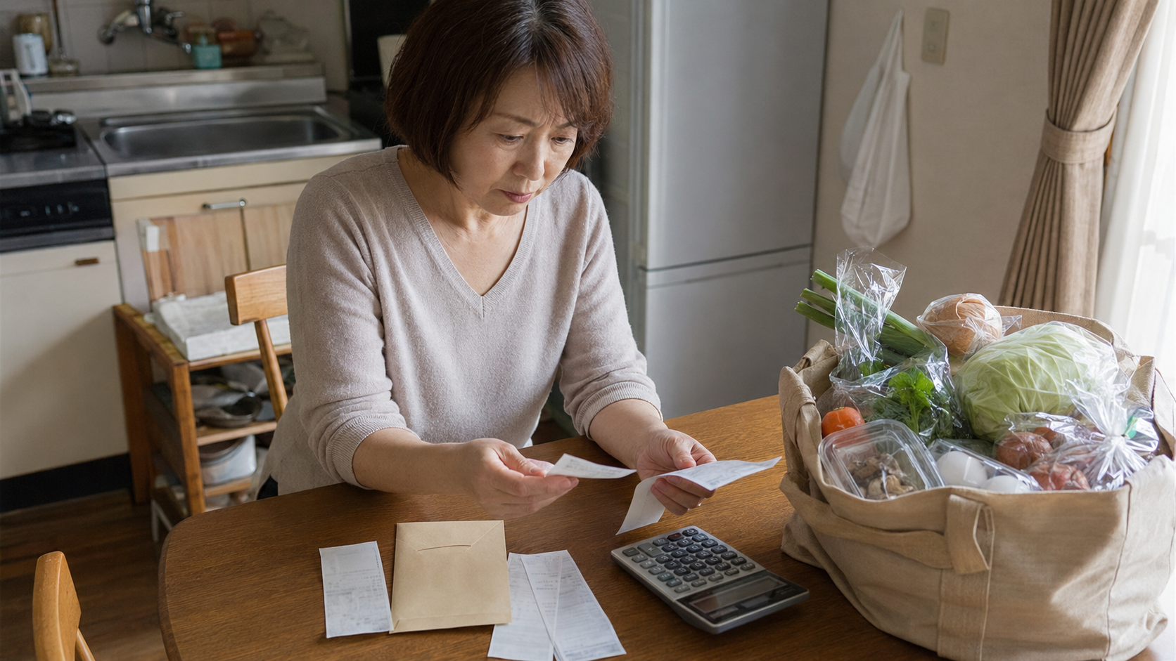 家賃と食費を確認する50代の日本人女性