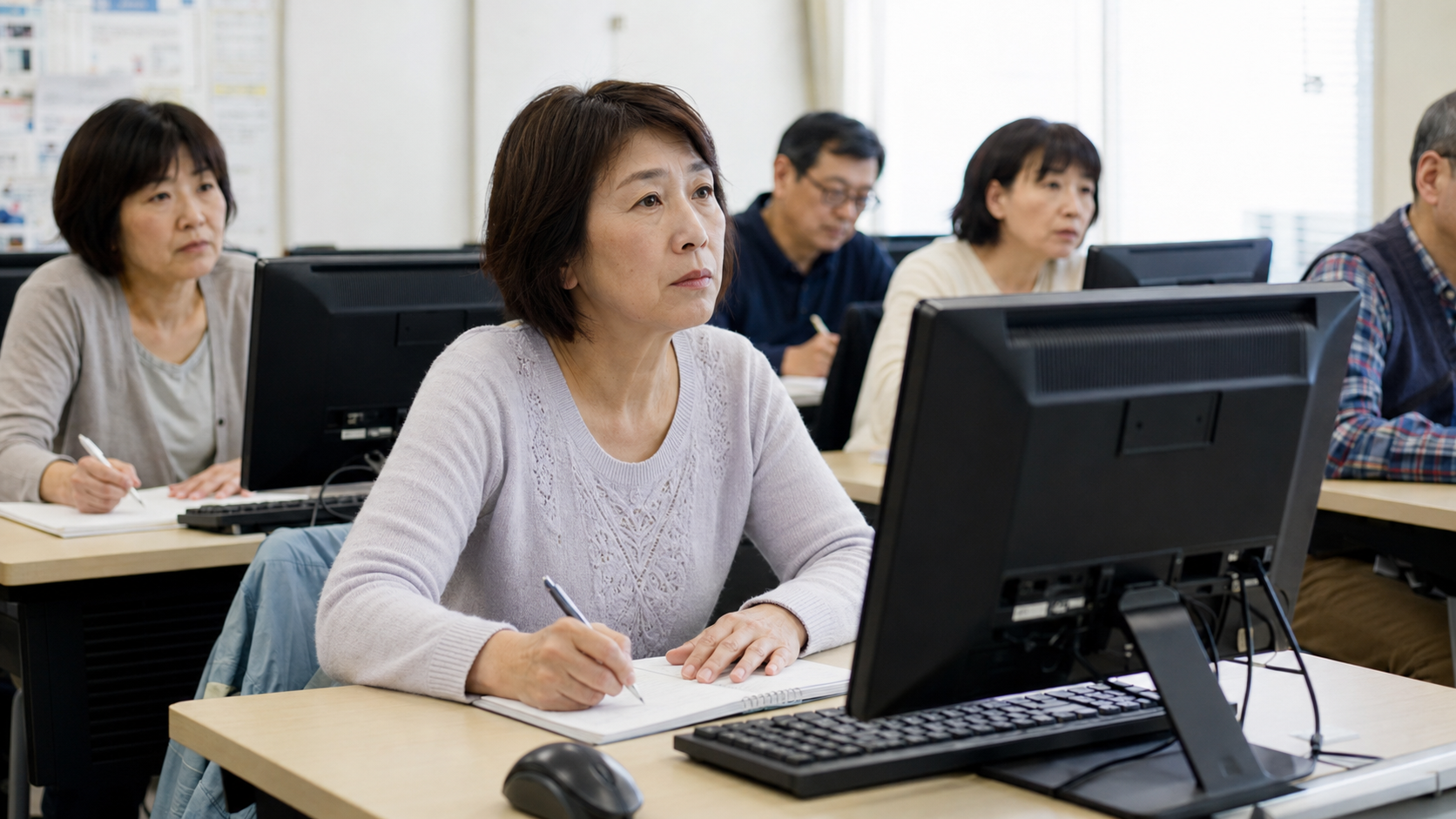 パソコンの職業訓練を受ける50代の日本人女性