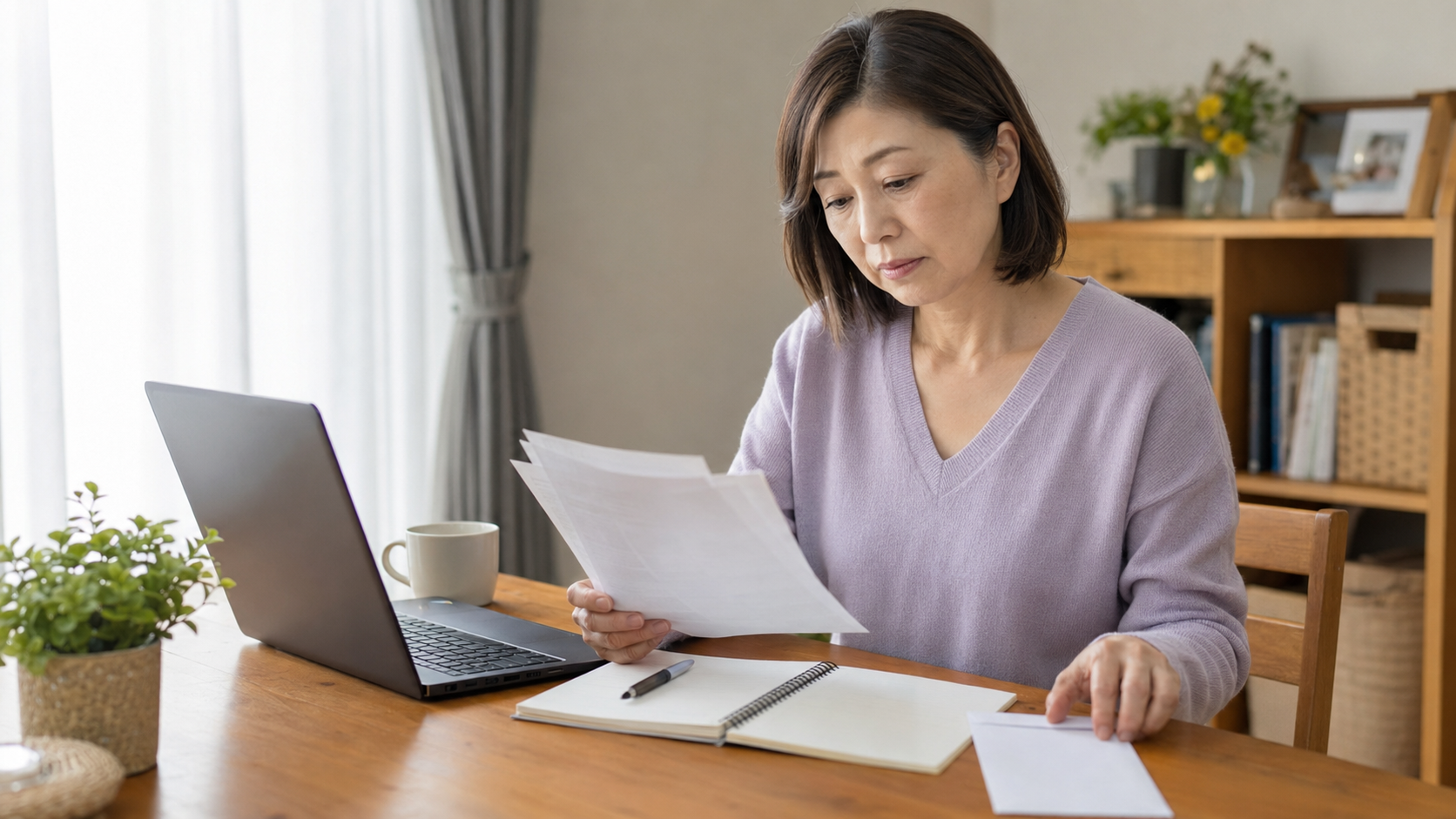 求人への応募書類を見直す50代の日本人女性