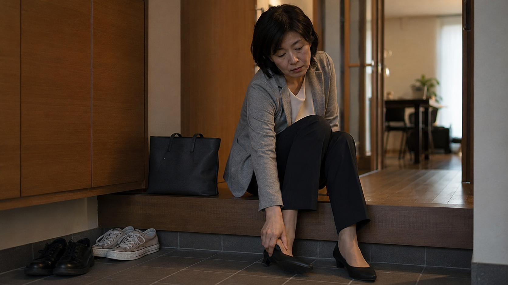 仕事帰りに玄関で疲れている50代の日本人女性