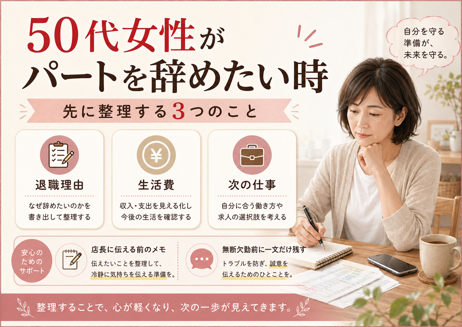 50代女性の生活費が不安な時に家賃・食費・固定費・収入・相談先を分ける図解