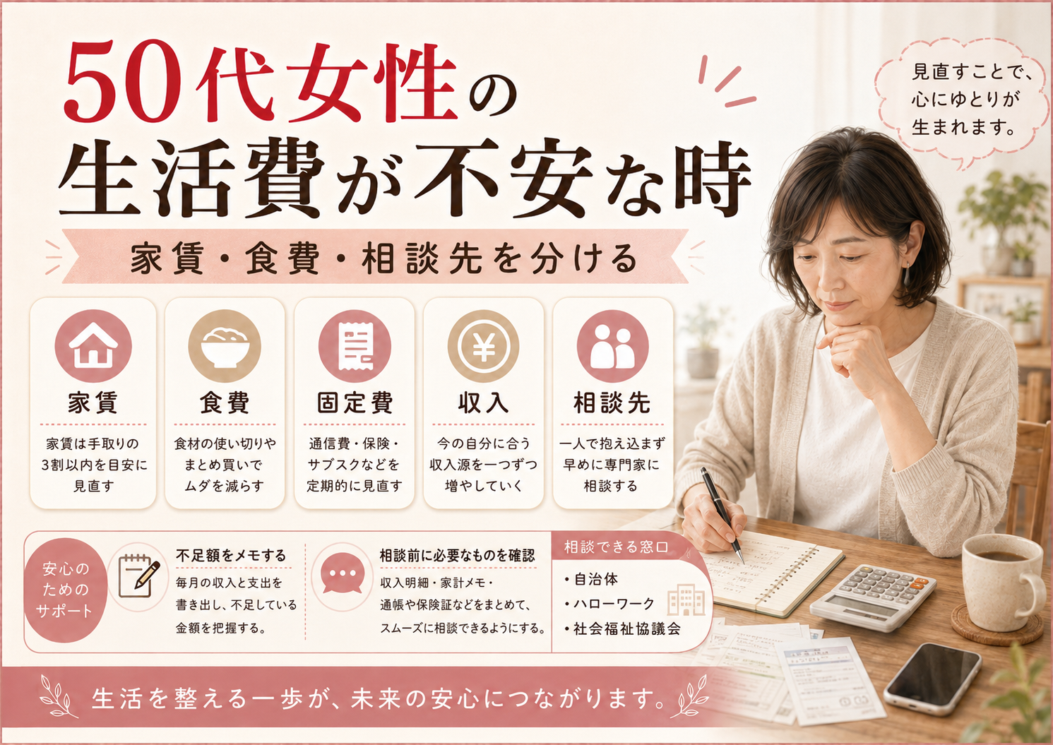 50代女性の仕事選びで体力・勤務時間・通勤・人間関係・覚える量を比較する図解
